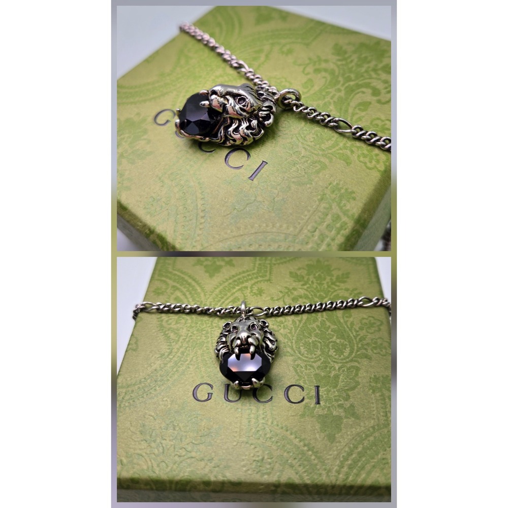Gucci Sterling Silver Brass Swarovski Lion Head Necklace Black - Picture 3 of 10